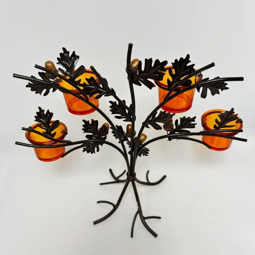Metal Tree Votives Candle Holder With Orange Glass And Acorn Details